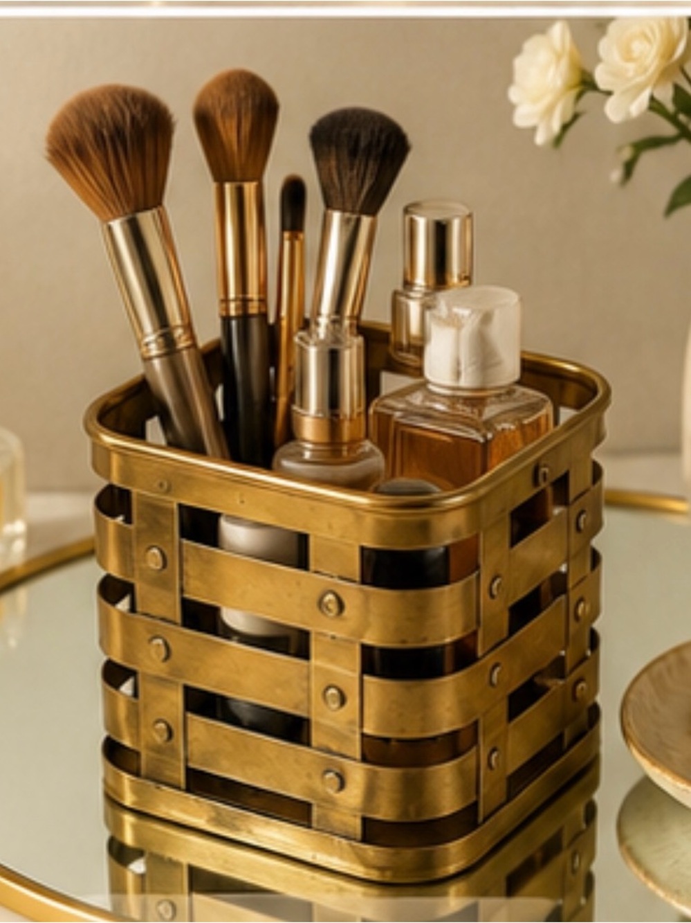 Vintage Woven Brass Basket Caddy Rustic Boho Organizer Made in India Decor